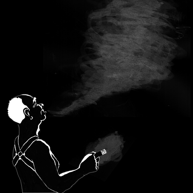 Older Black man wearing a chest harness and smoking a cigar by moonlight.